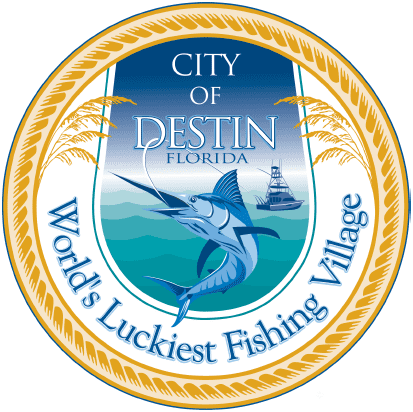 The official seal of Destin, Florida, including its nickname: "World's Luckiest Fishing Village". The city gets its name from Leonard Destin, a New London, Connecticut fishing captain who resided in the area between 1845 and 1850.