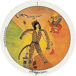 The Magician of the Motherpeace Tarot has all the tools necessary to be creative in her Bag of Truth.