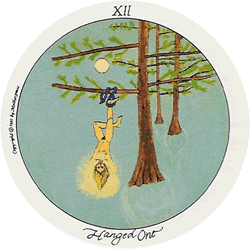 The Hanged One (usually called The Hanged Man in other Tarot decks) is looking at life from another perspective, to grow spiritually