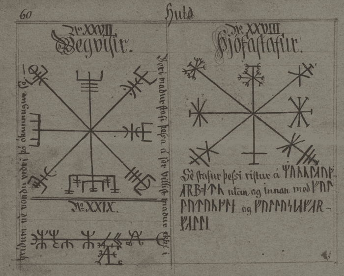 This sheet from the Huld Manuscript features at the top left, the "Vegvísir". Meaning "sign post", is is believed to help guide the wearer through bad weather without losing their way. The stave has become quite popular recently.