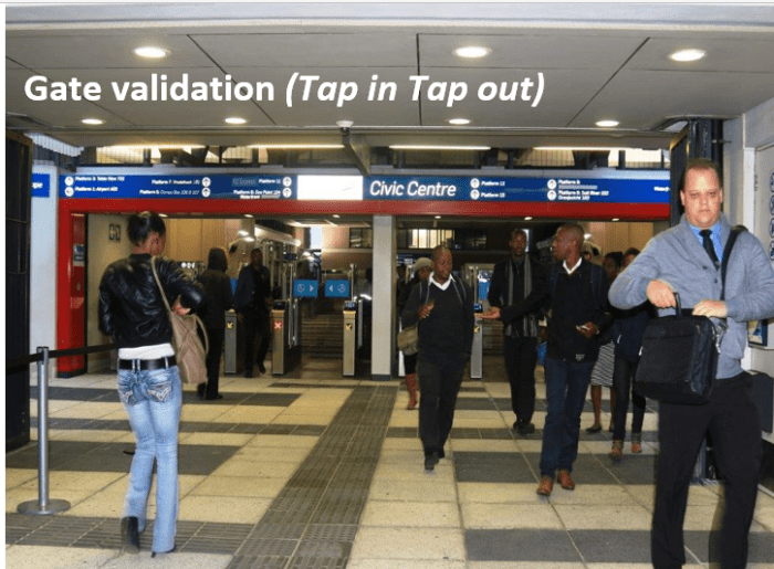 There are generally about three or four gates into the Myciti Bus terminus. Tape in when you enter and tap out when you leave.