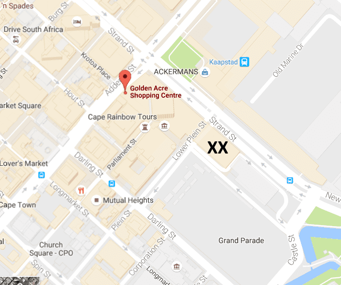 The main Golden Arrow terminus is situated behind the Golden Acre Shopping Mall in Adderley Street. The terminus is marked with XX.