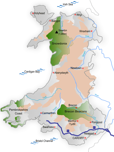 A map of Wales. Green areas are national parks and the pink areas are above 600 feet. Harry Secombe was born and grew up in Swansea in South Wales.
