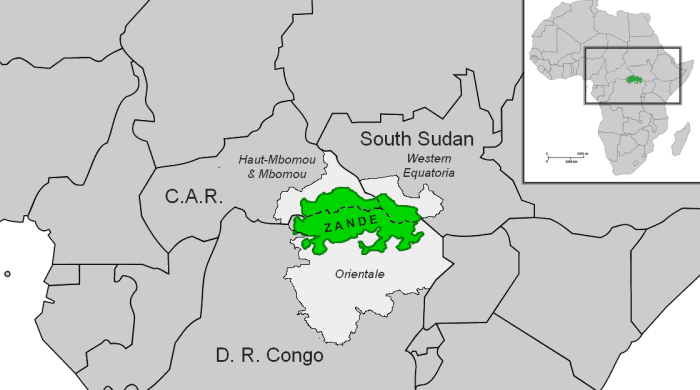 The location of Zandeland is between South Sudan and the Democratic Republic of the Congo.