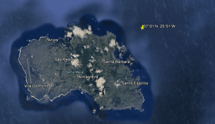 This is the location of the last logged position of the Mary Celeste, 6 miles off the North West coast of Santa Maria Island.