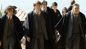 The Marauders at Hogwarts. Left to Right: Sirius Black, James Potter, Remus Lupin and Peter Pettigrew.