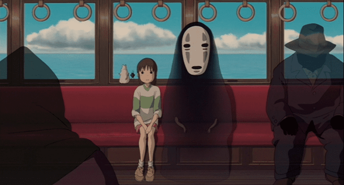 This famous still from Spirited Away, reminiscent of the one from Totoro, illustrates loneliness and nervousness.