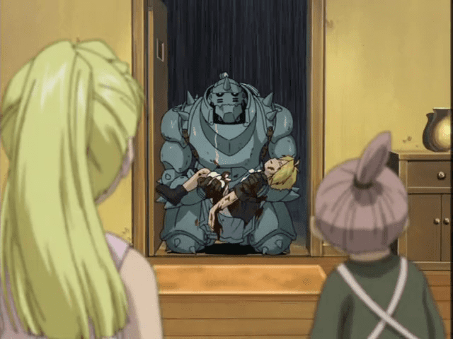 The devastating after-effects of human transmutation leaves Ed a bloody mess and Al trapped in a suit of armor.