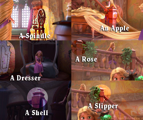 Rapunzel's tower contains several objects or symbols that pay homage to other classic Disney princesses.