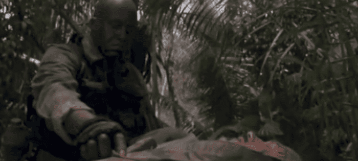 Courtesy of 20th Century Fox. In Predator, when the character, Blain is killed, his friend, Mac spends the rest of the movie mourning him. While he never cries, the fact that they were like brothers is clearly shown.