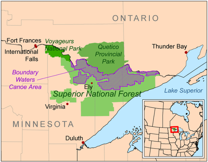 The Kekekabic Trail is mostly located within the Boundary Waters Canoe Area Wilderness, in the Superior National Forest.