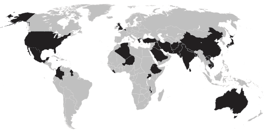 This map marks (in black) the countries where acid attacks have been reported. Unfortunately, it is believed that many more attacks go unreported. Acid attacks are most common in India, Pakistan, Afghanistan, Cambodia, and Bangladesh.