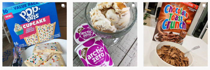 A screenshot from Stephanie's second Instagram account, where she appeals to her original fanbase by posting reviews of extremely unhealthy and addictive foods.