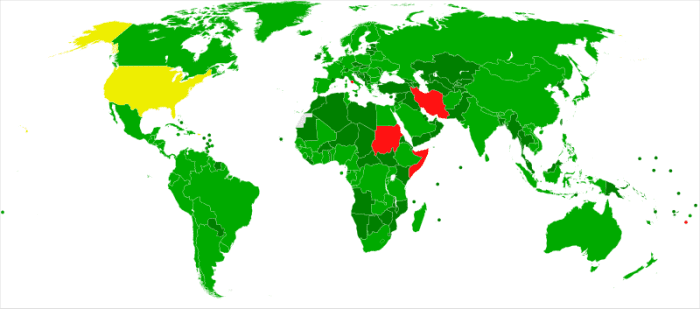 CEDAW Participation by Allstar86. Legend: bright green=signed and ratified; dark green=acceded or succeeded; yellow=only signed; red=non signatory.