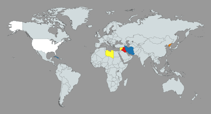 Axis of Evil. US in white. N Korea in Orange. Countries in blue were handled diplomatically by President Obama. Countries in red were handled militarily by President Bush. Countries in yellow are a mix of both.
