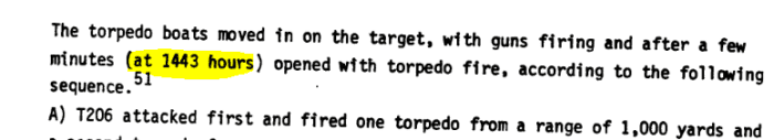 Passage from page 17 of "IDF History" report on USS Liberty, giving time of torpedo attack, at 2:43 pm ("1443" military time.)
