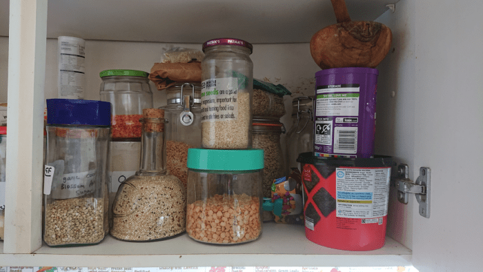 Washed and dried food containers make great storage for food and other items.