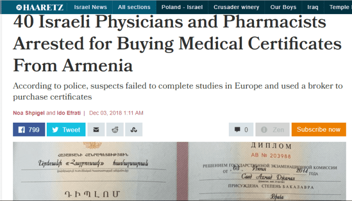 Haaretz: Israel arrested dozens of physicians and pharmacists on Sunday on suspicion of purchasing fake licenses from Armenia after failing to complete their studies in other European countries. The police arrested the suspects at their homes and wor