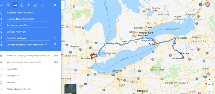 According to news reports I have read, the 2 were spotted on cameras in Kanona New York, and Rochester New York, on September 30th. I added Buffalo because that is where they were supposedly going, and then a final stop in Romulus, Michigan.