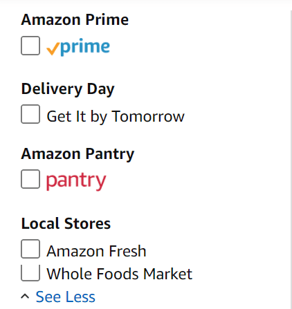 Checking the box next to Pantry, Fresh, or Whole Foods Market makes it easier to shop for items that quality for $35 free shipping