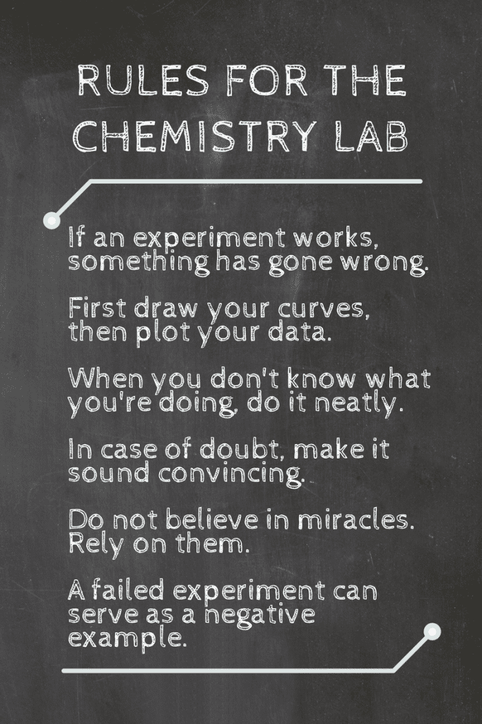 If an experiment works, something has gone wrong. First draw your curves, then plot your data. When you don't know what you're doing, do it neatly. In case of doubt, make it sound convincing. Do not believe in miracle. Rely on them.