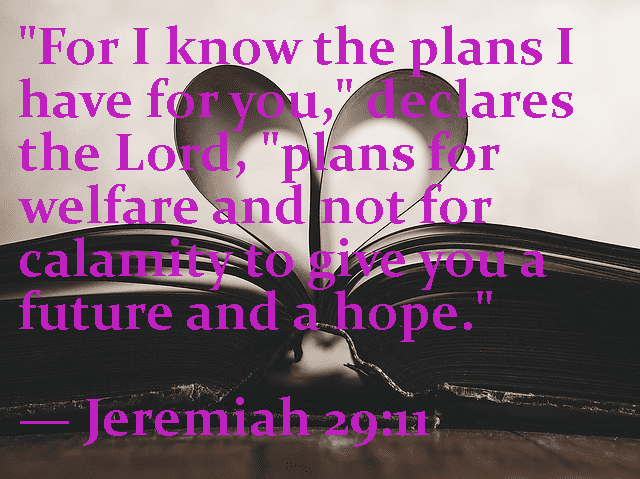 "For I know the plans I have for you," declares the Lord, "plans for welfare and not for calamity; to give you a future and a hope." Jeremiah 29:11