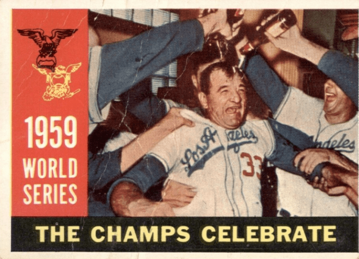 Despite some controversy in late August, pitching coach Joe Becker was all smiles after the Dodgers won the World Series, as depicted on this 1960 Topps baseball card. Becker made critical comments of Don Drysdale, leading to a public back-and-forth.