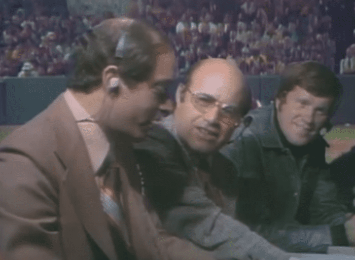 Innovative pairings: Dick Stockton, Joe Garagiola, and Tony Kubek. Curt Gowdy also did some of the games. Stockton was only 33. This game launched a Hall of Fame broadcast career.