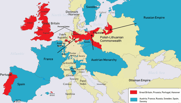 Here's a look at the breakdown of countries in the Seven Years' War in Europe—note that Spain and Portugal only joined later.