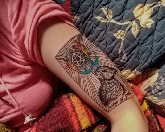 Crystal Kinsley's @CrystalMouse1 "The Father of Pentacles" tattoo from Kim Kran's Unknown Wild deck.