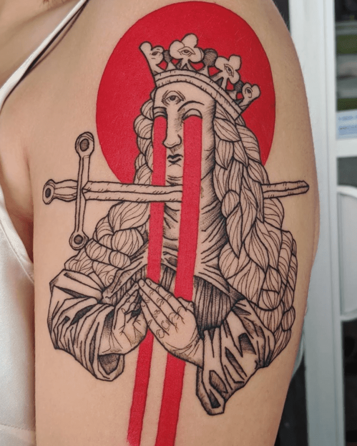 Queen of Swords tattoo by Quinn DeRuiter @femmefatale_quinn at Omega Point Tattoo in Omaha, NE; Design by @micah_ulrich.