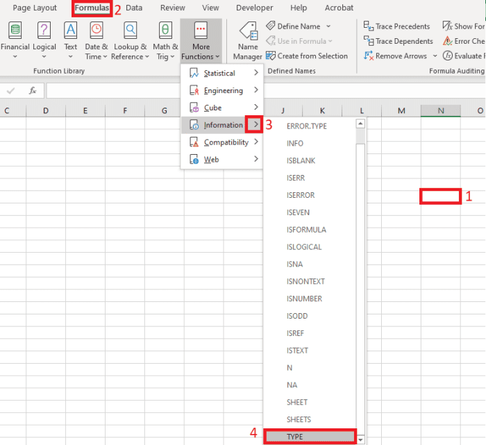 To insert the TYPE function from the formula tab you must first navigate to Formulas→More Functions→Information→TYPE