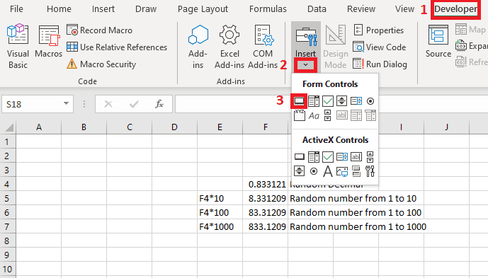 These are the first three steps necessary to insert a form control button.