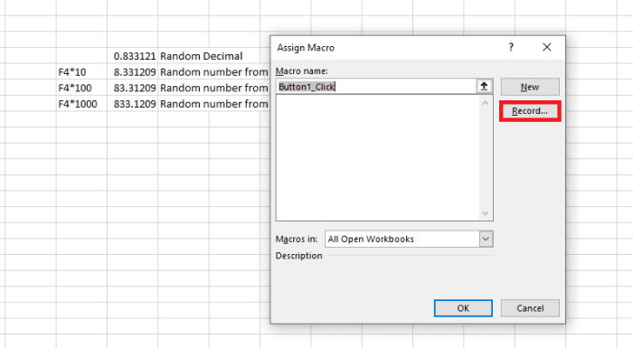 This window will appear immediately after the button is traced. Your choices for attaching a macro to the button are to record the macro or write the code from scratch.