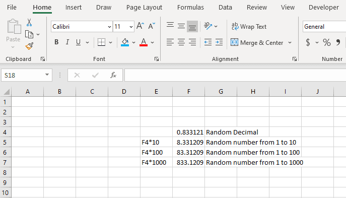 This illustration shows the RAND function with 4 different ranges. The calculations used to make 3 of those ranges possible are shown to the left of the results. Note that in this example, the only random number is in F4.