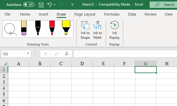 This is the view seen after the draw tab is selected. 