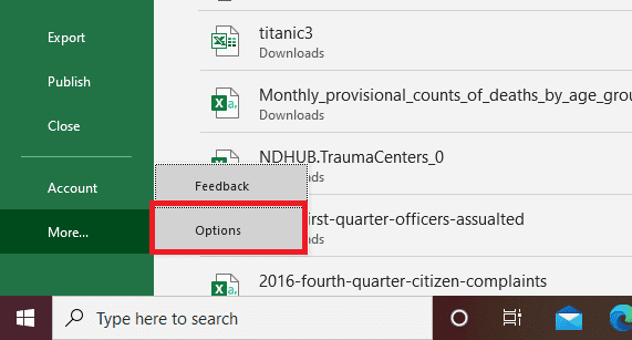 The options button allows an Excel user to see settings that can be changed to customize the Excel user interface.