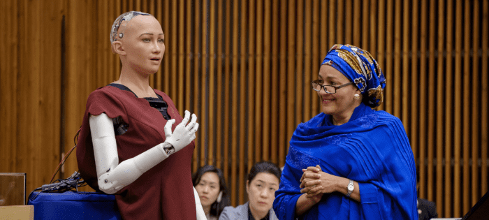 On October 11, 2017, Deputy Secretary-General Amina Mohammed talked to Sophia at a meeting called, "The Future of Everything - Sustainable Development in the Age of Rapid Technological Change."