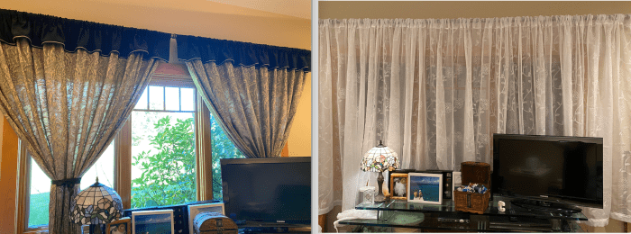 Former, dark curtains. Newly shortened, light curtains. I made the black and gold ones some years ago.