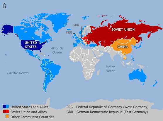 This map shows how the USA and its allies and the Soviet Union and its allies formed opposing blocs of power during the Cold War. Europe was split between the communist allies of the Soviet Union in Eastern Europe and the non-communist allies.