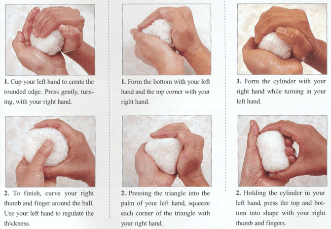Here are pictures to show the different ways to shape round, triangular or cylindrical onigiri rice balls. They can be left plain or stuffed with a filling.