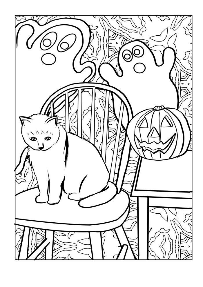 An unimpressed cat sits on a chair while surrounded by ghosts as he plots destroying his owner's jack-o-lantern in this spooky Halloween coloring page.