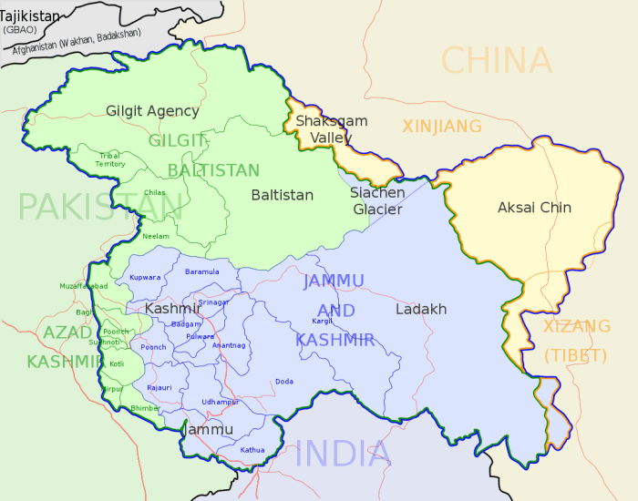 Jammu and Kashmir Map. Green shaded region occupied by Pakistan, Yellow shaded region under Chinese occupation