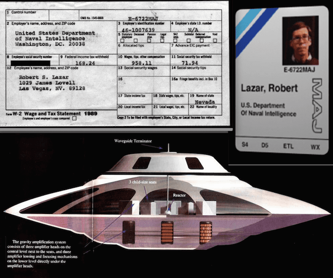 Classified Majestic badge, a W2 for his taxes showing his wadges from the base. and a half cut of the Sports Model saucer Lazar claims to have worked on for propulsion.