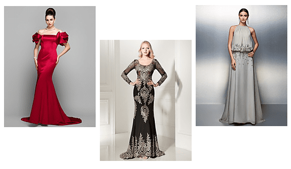 Elegant and body-flattering mother-of-the-bride dresses. Notice the stylish silhouette and details of these formal dresses. Long and sweeping hemlines give them a vintage-inspired old Hollywood glamour look.