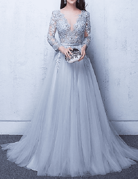 A-Line jewel neck sweep train tulle dress, an elegant style for MOB dress with beading, sequins, and crystals.