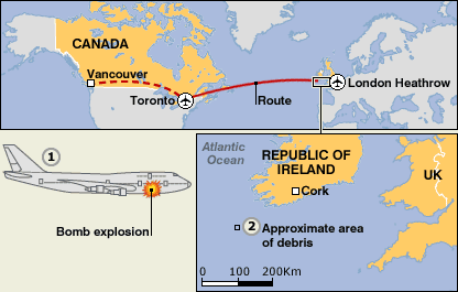 1 The bomb explodes at 0714 GMT on 23 June 1984 in a suitcase packed into cargo bin 52-left, which had been loaded at Vancouver. The explosion shattered a key bulkhead, sending the plane into a dive 2 The plane hits the sea, off the coast of Ireland