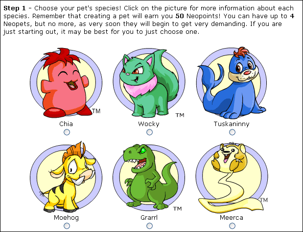 One of the beginning screen when creating a Neopet. The user chooses the pets species, gender, and name.