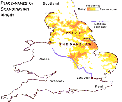 Distribution of Danish 'settlers' in the eastern shires between the River Lea (that enters the Thames on the esstern side of London) and the River Tees. This was the Danelaw