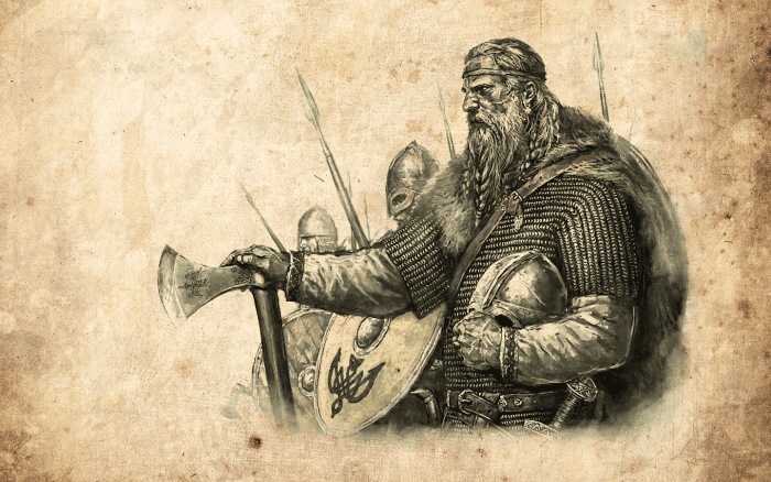 A popular image of Ragnar Lothbrok - 'Leather Breeks' - nowadays Ladbroke - about to let his men loose like wolves on the rampage